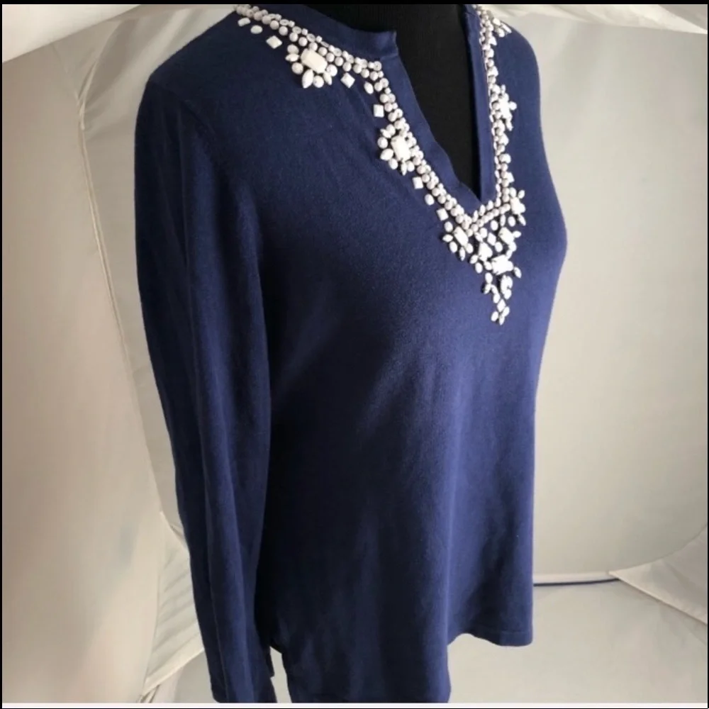 MICHAEL Michael Kors blue v-neck knit with white beads around neckline